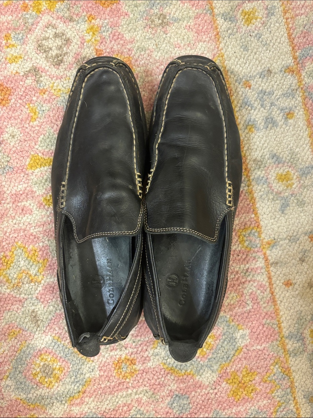 Cole Haan Black Leather Slip-On Loafers with Contrast Stitching